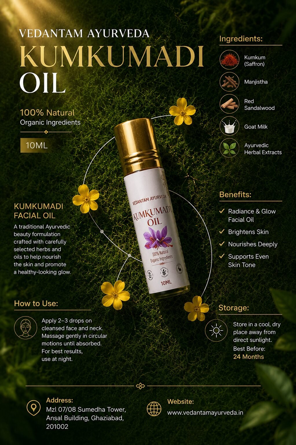 Best Ayurvedic Products Online | Hair Oil & Skin Care - Vedantam Ayurveda Vedantam Ayurveda Kumkumadi Oil 10ml – Ayurvedic Face Glow Oil for Radiant & Even Skin Tone - Image 2