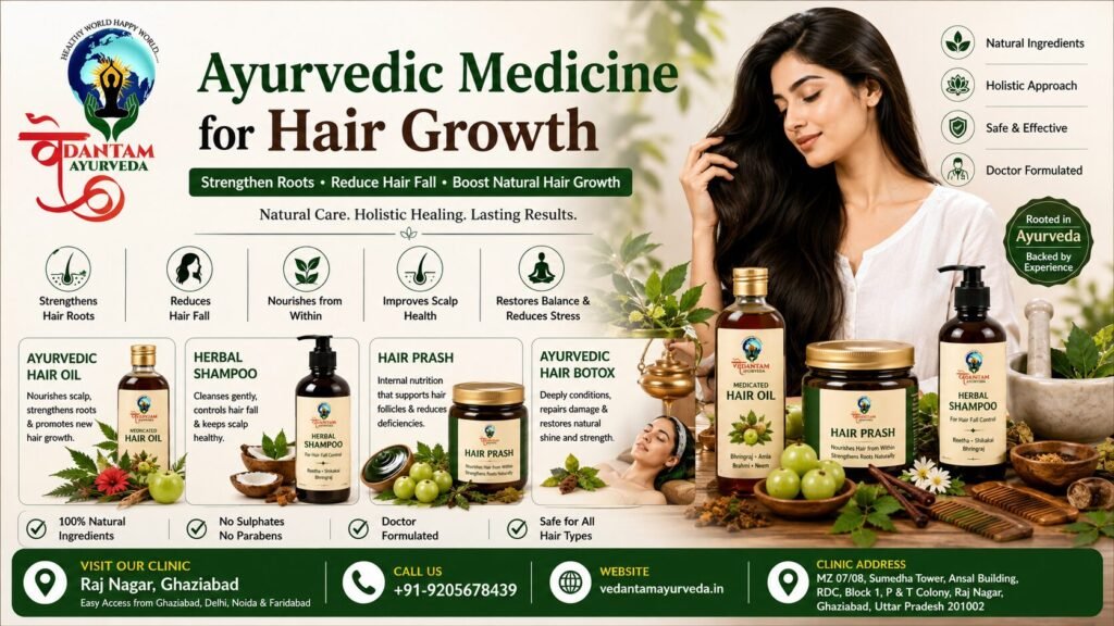 Ayurvedic medicine for hair growth with herbal hair oil, Hair Prash, herbal shampoo, and natural hair fall treatment by Vedantam Ayurveda