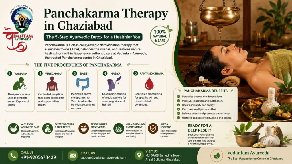 Panchakarma Therapy in Ghaziabad infographic by Vedantam Ayurveda showing the five Ayurvedic detox procedures, health benefits, treatment process, and consultation details.