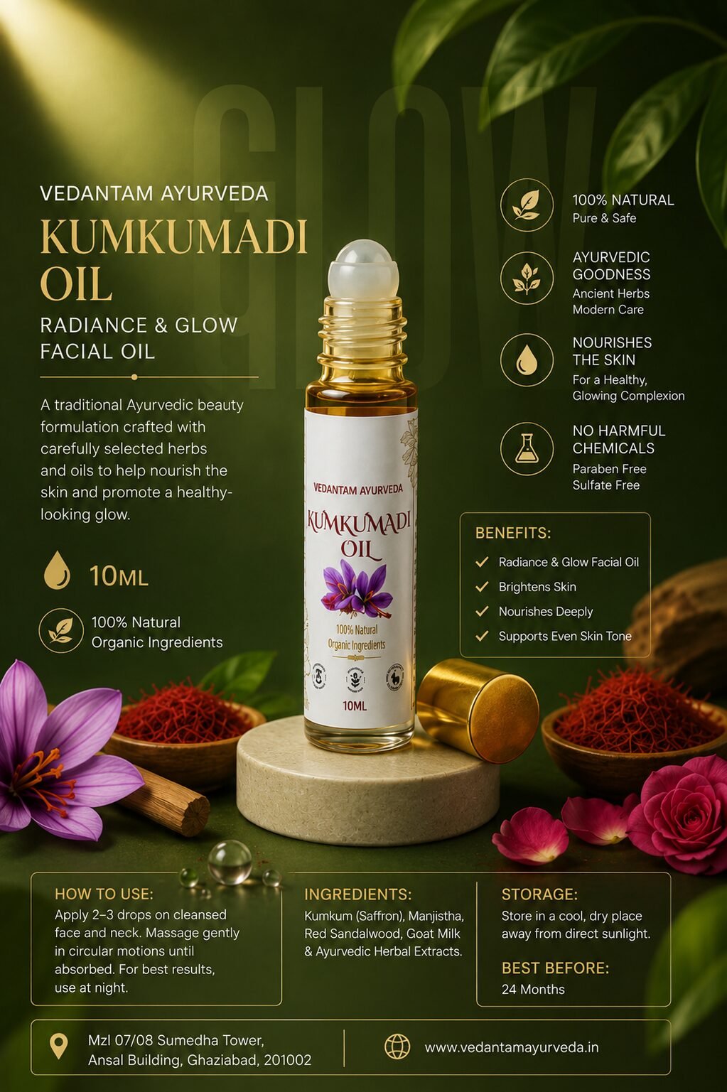 Best Ayurvedic Products Online | Hair Oil & Skin Care - Vedantam Ayurveda Vedantam Ayurveda Kumkumadi Oil 10ml – Ayurvedic Face Glow Oil for Radiant & Even Skin Tone