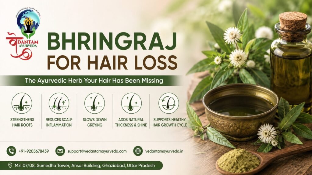 Bhringraj for hair loss infographic showing Ayurvedic bhringraj leaves, oil, herbal powder, and key hair growth benefits by Vedantam Ayurveda.