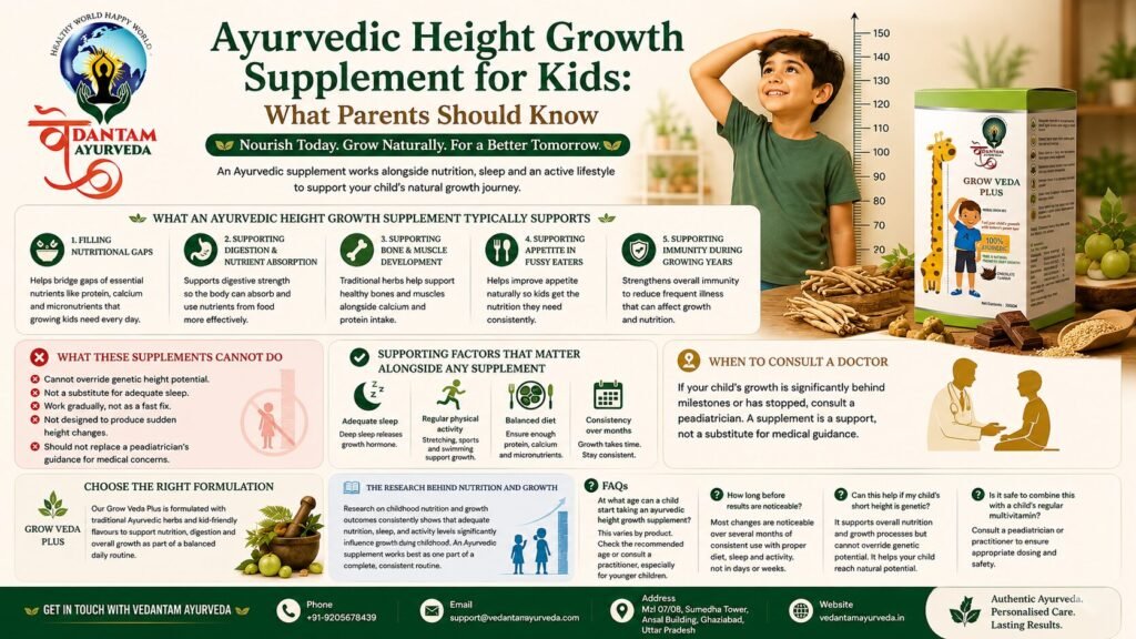 ayurvedic height growth supplement for kids supporting nutrition, digestion, bone and muscle development, appetite, and healthy growth.
