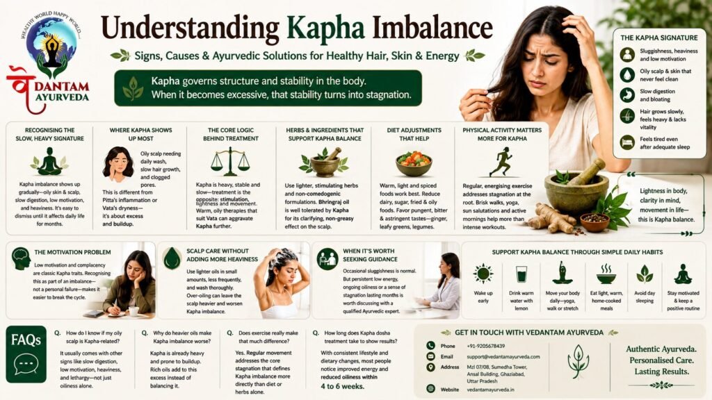 Kapha dosha imbalance signs and Ayurvedic treatment for healthy hair, skin, digestion and energy