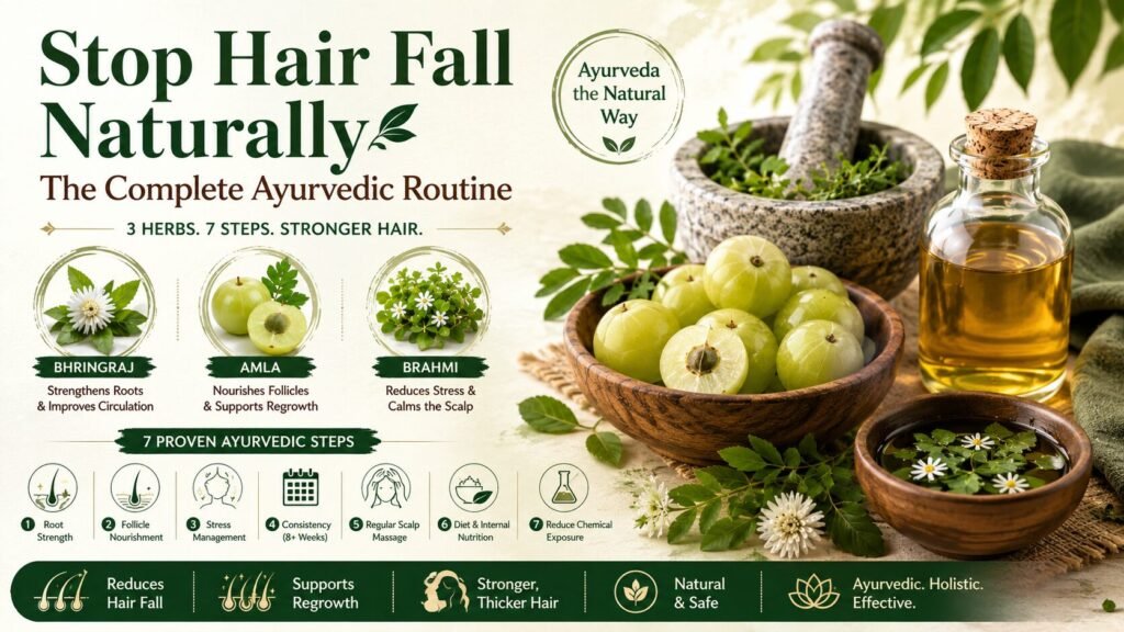 stop hair fall naturally using Ayurvedic herbs including bhringraj, amla, brahmi, and herbal hair oil.