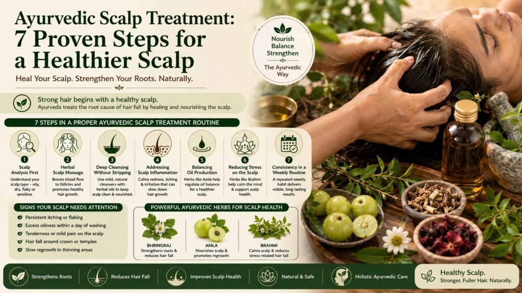 ayurvedic scalp treatment with herbal scalp massage, Ayurvedic herbs, and natural remedies for a healthy scalp.