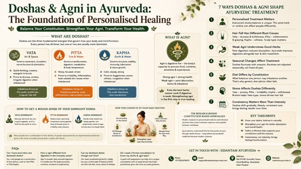 doshas and agni in ayurveda explained with Vata, Pitta, Kapha, and digestive fire for personalized wellness.