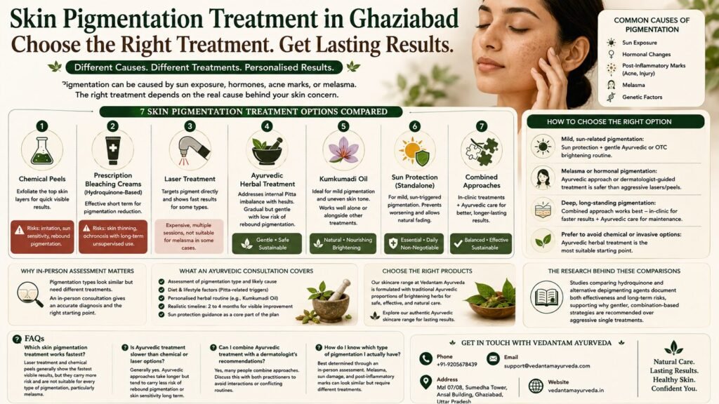 skin pigmentation treatment in Ghaziabad comparing Ayurvedic, dermatological, and natural treatment options.