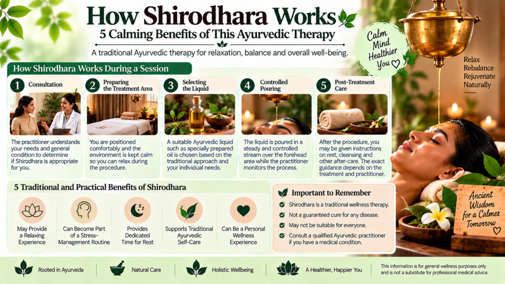 Best Ayurvedic Products Online | Hair Oil & Skin Care - Vedantam Ayurveda Shirodhara Ayurvedic therapy infographic showing the treatment process, traditional wellness benefits, preparation, controlled oil pouring, and post-treatment care