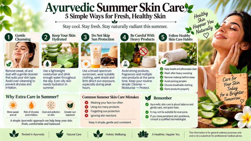 Ayurvedic summer skin care infographic showing 5 simple ways to keep skin fresh, healthy, comfortable, and hydrated in hot weather