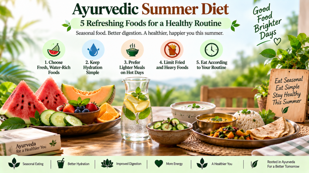 Ayurvedic summer diet infographic featuring 5 simple habits: fresh water-rich foods, hydration, lighter meals, limiting fried and heavy foods, and eating according to your routine.