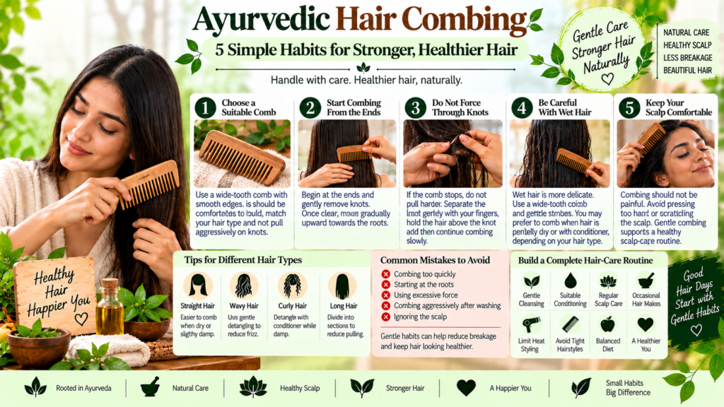 Best Ayurvedic Products Online | Hair Oil & Skin Care - Vedantam Ayurveda Ayurvedic hair combing infographic showing 5 gentle habits for healthier hair, including choosing a suitable comb, starting from the ends, avoiding force on knots, careful wet-hair handling, and keeping the scalp comfortable.