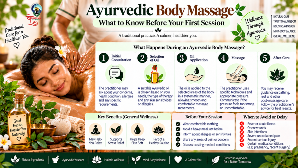Ayurvedic body massage showing an oil-based massage session, preparation tips, massage steps and after-care guidance