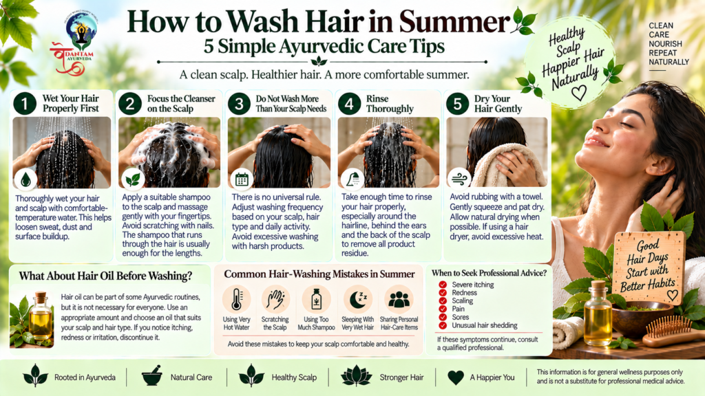 How to wash hair in summer with 5 simple Ayurvedic care tips for gentle scalp cleansing, thorough rinsing, and gentle drying.