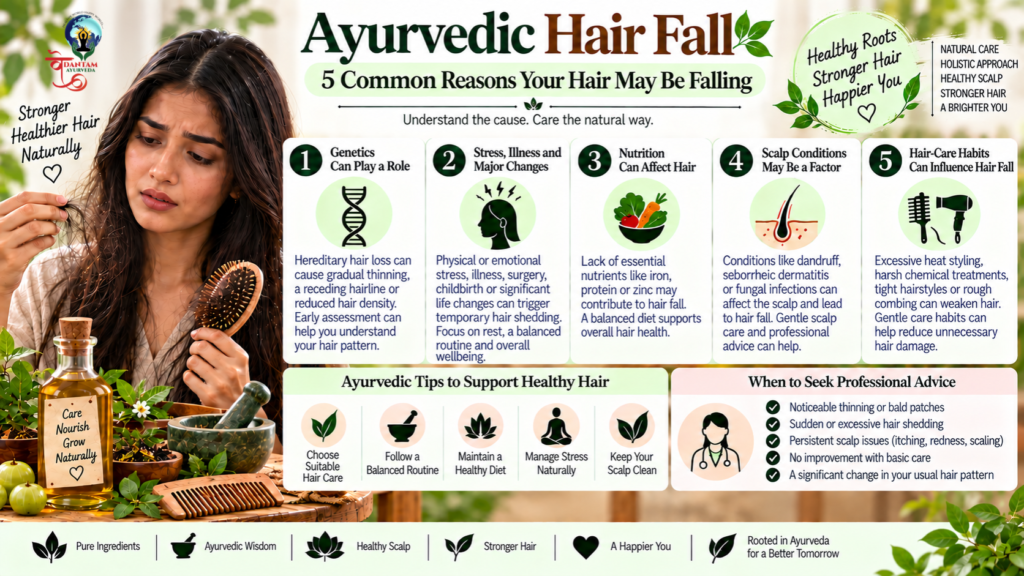 Ayurvedic hair fall infographic showing 5 common reasons for hair fall, including genetics, stress and illness, nutrition, scalp conditions, and hair-care habits