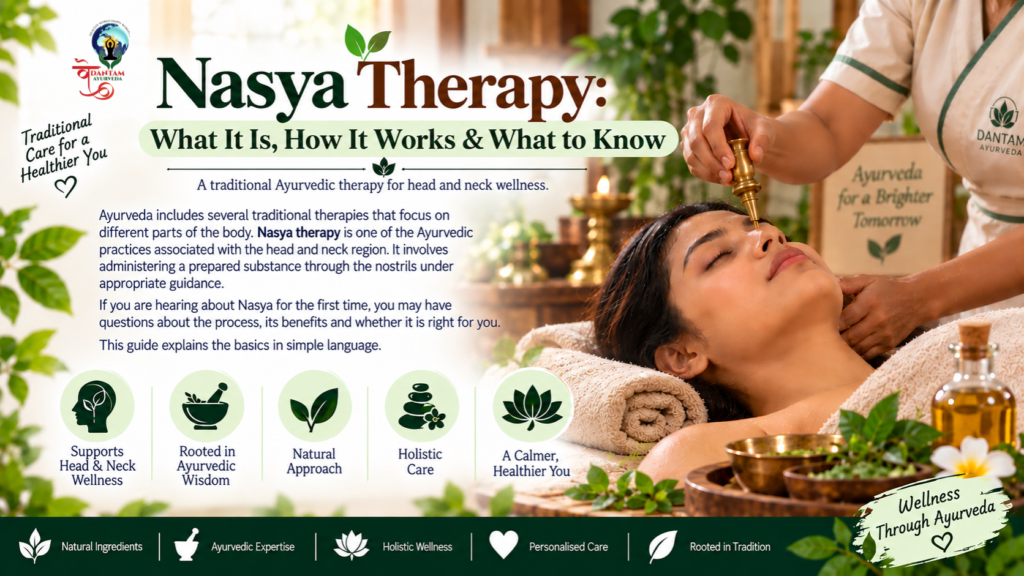 Best Ayurvedic Products Online | Hair Oil & Skin Care - Vedantam Ayurveda Ayurvedic Nasya therapy showing a practitioner applying herbal oil through the nostril as part of a traditional head and neck wellness practice.