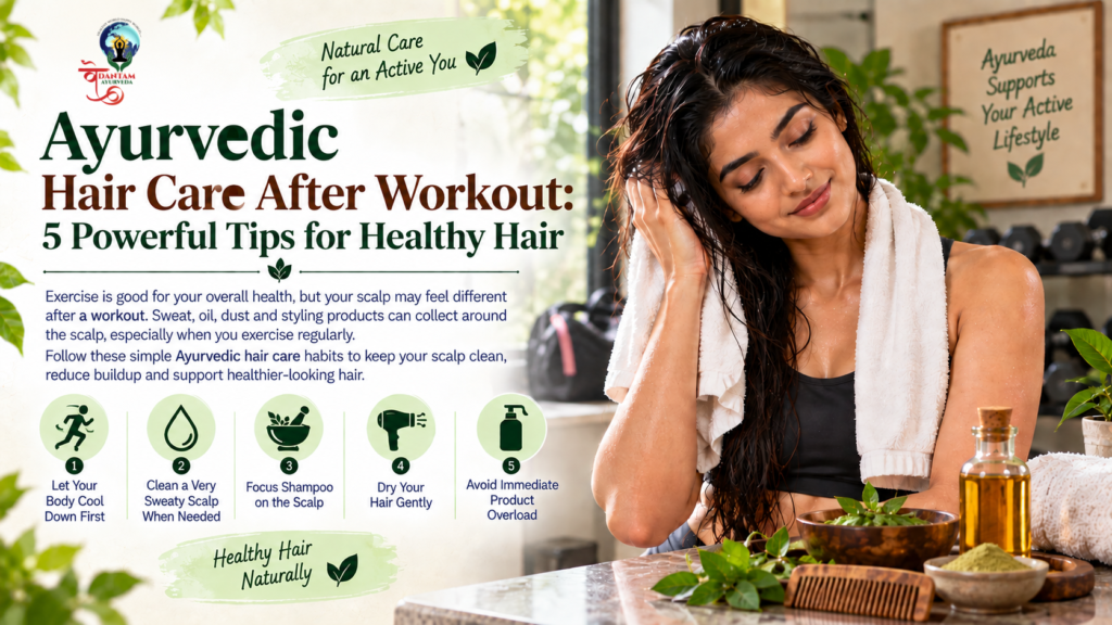Ayurvedic hair care after workout showing five simple scalp-care tips for keeping hair clean and healthy.