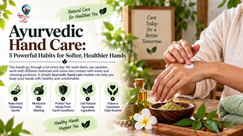 Ayurvedic hand care infographic showing 5 simple habits for softer, healthier hands, including gentle cleansing, moisturising, protection, natural ingredients, and a consistent daily routine.