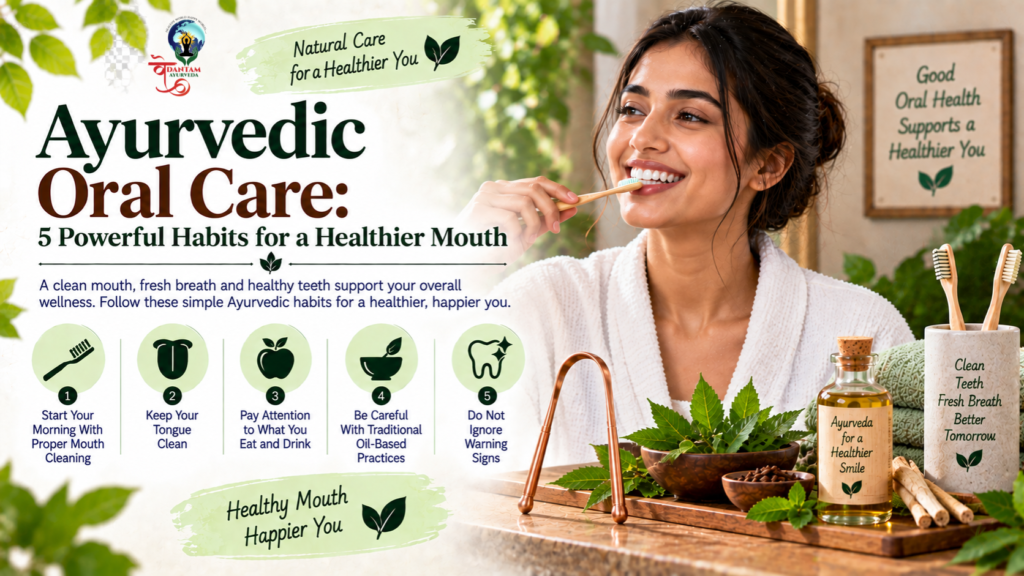 Best Ayurvedic Products Online | Hair Oil & Skin Care - Vedantam Ayurveda Ayurvedic oral care infographic showing five habits for a healthier mouth, including brushing, tongue cleaning, mindful eating, careful use of traditional oil-based practices, and recognising oral health warning signs.
