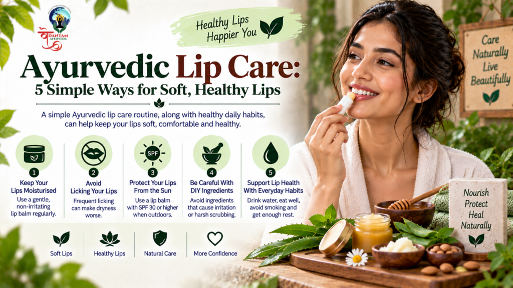 Best Ayurvedic Products Online | Hair Oil & Skin Care - Vedantam Ayurveda Ayurvedic lip care infographic showing 5 simple habits for keeping lips soft, comfortable and healthy.