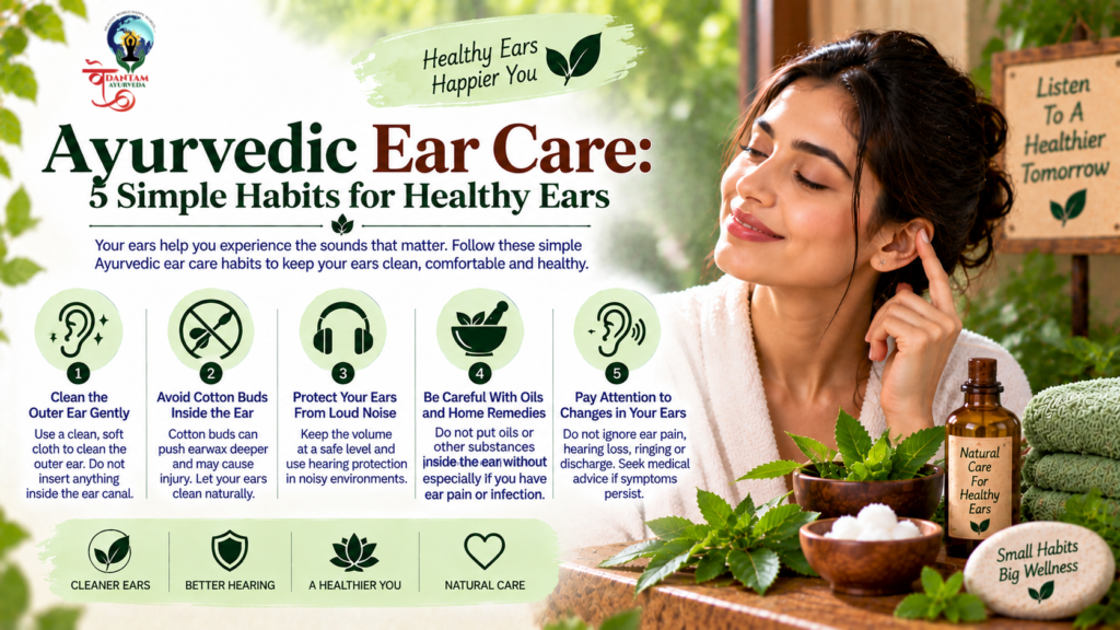 Ayurvedic ear care habits for healthy ears, including gentle outer-ear cleaning and protection from loud noise