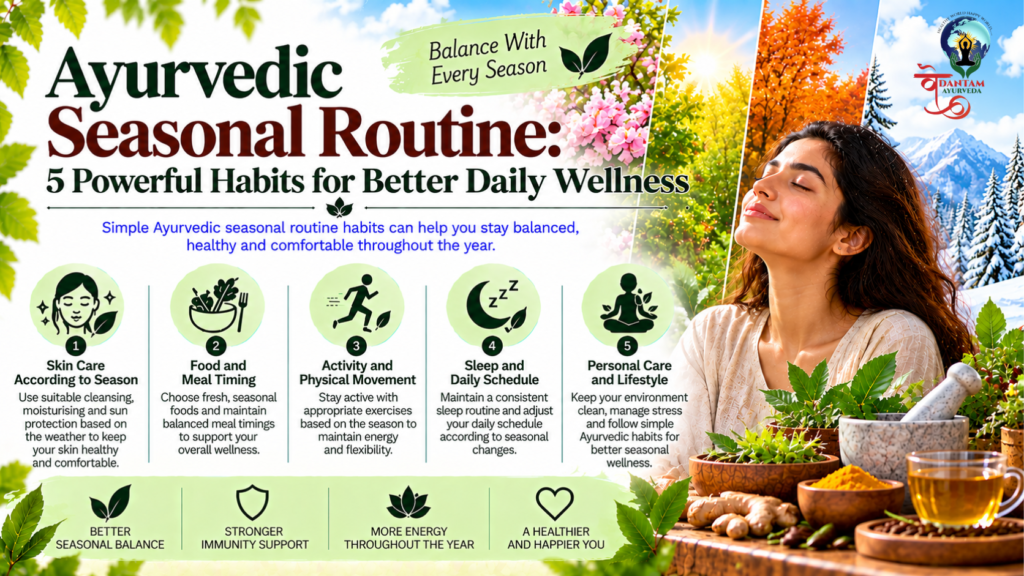 Ayurvedic seasonal routine infographic showing 5 habits for better daily wellness