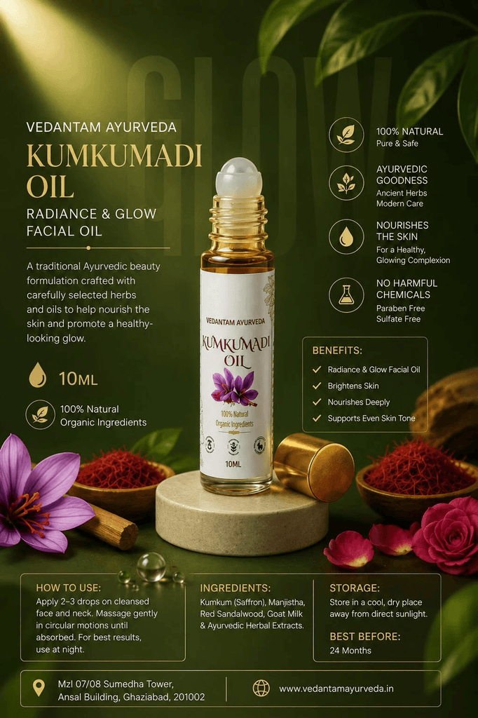 Best Ayurvedic Products Online | Hair Oil & Skin Care - Vedantam Ayurveda Healthy-looking, radiant skin begins with consistent care and the right skincare routine. While modern skincare offers numerous products, traditional Ayurvedic ingredients continue to attract attention for their role in nourishing and caring for the skin.
Vedantam Ayurveda Kumkumadi Oil is a traditional Ayurvedic facial oil formulated with Kumkum (saffron), Manjistha, Red Sandalwood, Goat Milk and selected herbal extracts. This blend is designed to nourish the skin, support a natural-looking glow and promote a more even-looking skin tone.
Whether you want to improve your daily skincare routine or explore traditional herbal skincare, Vedantam Ayurveda Kumkumadi Oil offers a convenient way to incorporate an Ayurvedic facial oil into your self-care ritual.
What Is Vedantam Ayurveda Kumkumadi Oil?
Vedantam Ayurveda Kumkumadi Oil is an Ayurvedic facial oil inspired by traditional skincare practices. Its formulation combines saffron and other selected ingredients traditionally associated with skin nourishment and beauty care.
Facial oils can help support the skin's moisture barrier by reducing moisture loss and improving the feeling of softness. This can be particularly useful for people whose skin feels dry, rough or less comfortable after cleansing.
The combination of herbal extracts in Vedantam Ayurveda Kumkumadi Oil makes it an option for people who enjoy ingredient-focused skincare and want to explore traditional Ayurvedic beauty rituals.
As with any skincare product, results can vary depending on skin type, individual sensitivity and consistency of use.
Key Ingredients in Vedantam Ayurveda Kumkumadi Oil
One of the highlights of Vedantam Ayurveda Kumkumadi Oil is its combination of traditional ingredients. Each ingredient contributes to the formulation's overall skincare appeal.
1. Kumkum (Saffron)
Saffron is a valued ingredient in traditional beauty preparations. It contains naturally occurring antioxidant compounds and is commonly included in skincare products designed to promote a radiant appearance.
In facial oil formulations, saffron contributes to the product's traditional Ayurvedic identity and supports an ingredient-focused approach to skincare.
2. Manjistha
Manjistha is a traditional Ayurvedic herb frequently used in herbal skincare preparations. It is valued in Ayurveda for its historical association with skin wellness.
Its inclusion in Vedantam Ayurveda Kumkumadi Oil reflects the traditional practice of combining selected herbs in facial care formulations.
3. Red Sandalwood
Red Sandalwood has a long history of use in traditional beauty rituals. It is commonly included in skincare preparations intended to support a refreshed, well-cared-for appearance.
Its presence complements the other herbal ingredients in this Ayurvedic facial oil.
4. Goat Milk
Goat milk is used in various personal-care formulations because it contains fats and other components that can contribute to a moisturising skincare experience.
Depending on the formulation, goat milk-derived ingredients may help leave skin feeling softer and more comfortable.
5. Selected Herbal Extracts
The additional herbal extracts in Vedantam Ayurveda Kumkumadi Oil complement its main ingredients and contribute to its traditional Ayurvedic formulation.
Together, these ingredients create a facial oil intended to make daily skincare feel nourishing and enjoyable.
Benefits of Vedantam Ayurveda Kumkumadi Oil
Adding a facial oil to your routine can help address certain skincare needs, particularly when your skin requires extra moisture.
Supports a Natural-Looking Glow
Well-moisturised skin often appears smoother and more radiant. Vedantam Ayurveda Kumkumadi Oil can complement a skincare routine focused on maintaining a healthy-looking glow.
Helps Nourish the Skin
Facial oils can help soften the skin and reduce moisture loss. This may be beneficial for people experiencing dryness or roughness.
Supports an Even-Looking Skin Tone
A consistent skincare routine can help improve the overall appearance of the skin. This oil is designed to complement routines focused on a more even-looking complexion, although it should not be considered a guaranteed treatment for pigmentation or dark spots.
Complements Traditional Ayurvedic Skincare
For those interested in herbal beauty products, Vedantam Ayurveda Kumkumadi Oil offers a way to incorporate traditional Ayurvedic ingredients into everyday facial care.
Makes Skincare More Enjoyable
Applying facial oil can become a simple self-care ritual. Gentle application, consistent moisturising and other healthy skincare habits can contribute to a comfortable skincare experience.
How to Use Vedantam Ayurveda Kumkumadi Oil
Using Vedantam Ayurveda Kumkumadi Oil can be a simple addition to your skincare routine.
Step 1: Cleanse your face. Use a gentle cleanser suited to your skin type to remove everyday dirt, oil and impurities.
Step 2: Apply a small amount. Follow the product label for the recommended quantity and application instructions.
Step 3: Massage gently. Spread the oil over the face using gentle movements. Avoid vigorous rubbing and the delicate eye area unless the product label specifically permits it.
Step 4: Allow it to settle. Give the product time to absorb according to your skin's comfort and routine. If needed, follow with a suitable moisturiser.
Step 5: Use sunscreen during the day. Apply broad-spectrum sunscreen during daytime skincare, as facial oil does not replace sun protection.
Before using the product regularly, perform a patch test. Stop using it if you experience irritation or an allergic reaction.
Who Can Include Kumkumadi Oil in Their Skincare Routine?
Vedantam Ayurveda Kumkumadi Oil may appeal to adults looking for an Ayurvedic facial oil to complement their skincare routine.
However, the best skincare product depends on individual needs.
Dry skin: A facial oil may help support softness and reduce moisture loss.
Normal skin: It can be considered as an optional step in a nourishing routine.
Combination or oily skin: Start cautiously with a small amount, as facial oils may feel heavy on some skin types.
Sensitive skin: Review the ingredient list and patch-test before regular use.
People with persistent acne, eczema, significant pigmentation or other skin concerns should seek advice from a qualified dermatologist before relying on a facial oil to address these issues.
Tips for Getting the Most from Your Ayurvedic Skincare Routine
To complement Vedantam Ayurveda Kumkumadi Oil, maintain a simple and consistent skincare routine.
Cleanse your face gently without excessive scrubbing.
Use a suitable moisturiser when needed.
Apply broad-spectrum sunscreen during the day.
Stay hydrated and maintain a balanced diet.
Introduce new products gradually rather than changing your entire routine at once.
Choose products based on your skin's needs instead of expecting one product to address every concern.
Remember that skincare results differ between individuals. Consistency and suitable product selection are more useful than expecting overnight changes.
Frequently Asked Questions
1. What is Vedantam Ayurveda Kumkumadi Oil used for?
Vedantam Ayurveda Kumkumadi Oil is a traditional Ayurvedic facial oil designed to nourish the skin, support softness and complement a routine focused on a natural-looking glow.
2. Can Kumkumadi oil help with glowing skin?
A facial oil can help moisturise the skin, which may improve its appearance and softness. Results depend on the formulation, skin type and overall skincare routine.
3. Is Kumkumadi oil suitable for daily use?
Daily use should depend on the product's label instructions and your skin's tolerance. Start with a small amount and discontinue use if irritation occurs.
4. Can I use Kumkumadi oil on oily skin?
Some people with oily skin may find facial oils too heavy. If you wish to try it, start cautiously and monitor how your skin responds.
5. Does Kumkumadi oil replace sunscreen?
No. Facial oil does not replace sunscreen. Use a broad-spectrum sunscreen during the day to protect your skin from ultraviolet radiation.
Conclusion: Bring Ayurvedic Nourishment to Your Skincare Routine
Choosing skincare products is about understanding your skin's needs and building habits that support its overall appearance and comfort.
Vedantam Ayurveda Kumkumadi Oil brings together traditional ingredients such as saffron, Manjistha, Red Sandalwood, Goat Milk and herbal extracts in an Ayurvedic facial oil designed to complement everyday skincare.
If you are exploring an Ayurvedic facial oil for glowing skin, this formulation can be considered as part of a consistent routine that includes gentle cleansing, suitable moisturising and daily sun protection.
Discover Vedantam Ayurveda's approach to traditional skincare and make nourishing self-care a regular part of your routine.
Disclaimer: This article is for general skincare information and does not constitute medical advice. Product benefits may vary between individuals. Always check the product label and ingredient list, perform a patch test and consult a qualified healthcare professional for persistent skin concerns.
buy it from - https://vedantamayurveda.in/product/kumkumadi-oil-10ml/
Vedantam Ayurveda Kumkumadi Oil